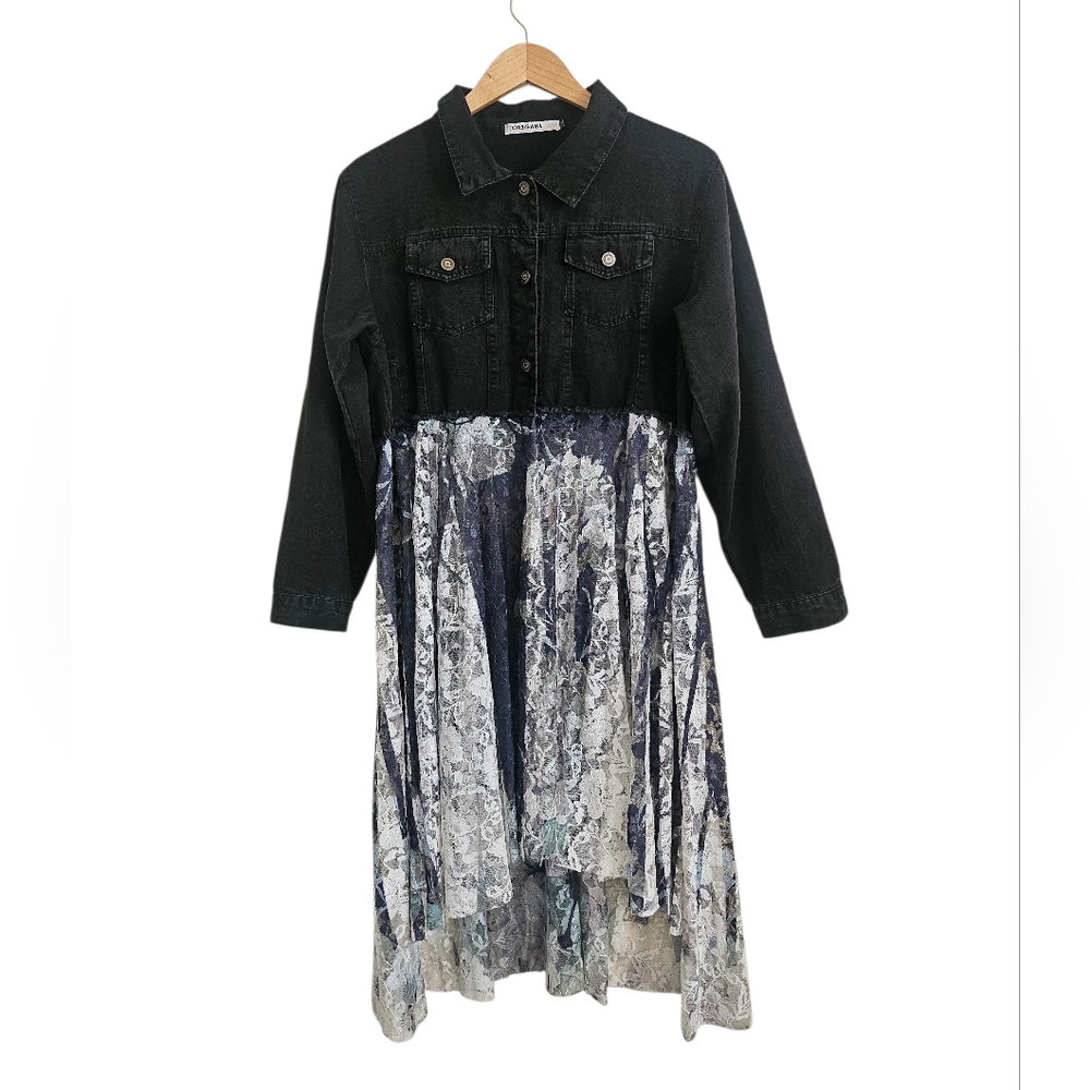 Origami Black Denim Jacket w/ Floral Lace Duster Western Boho Romantic L-XL